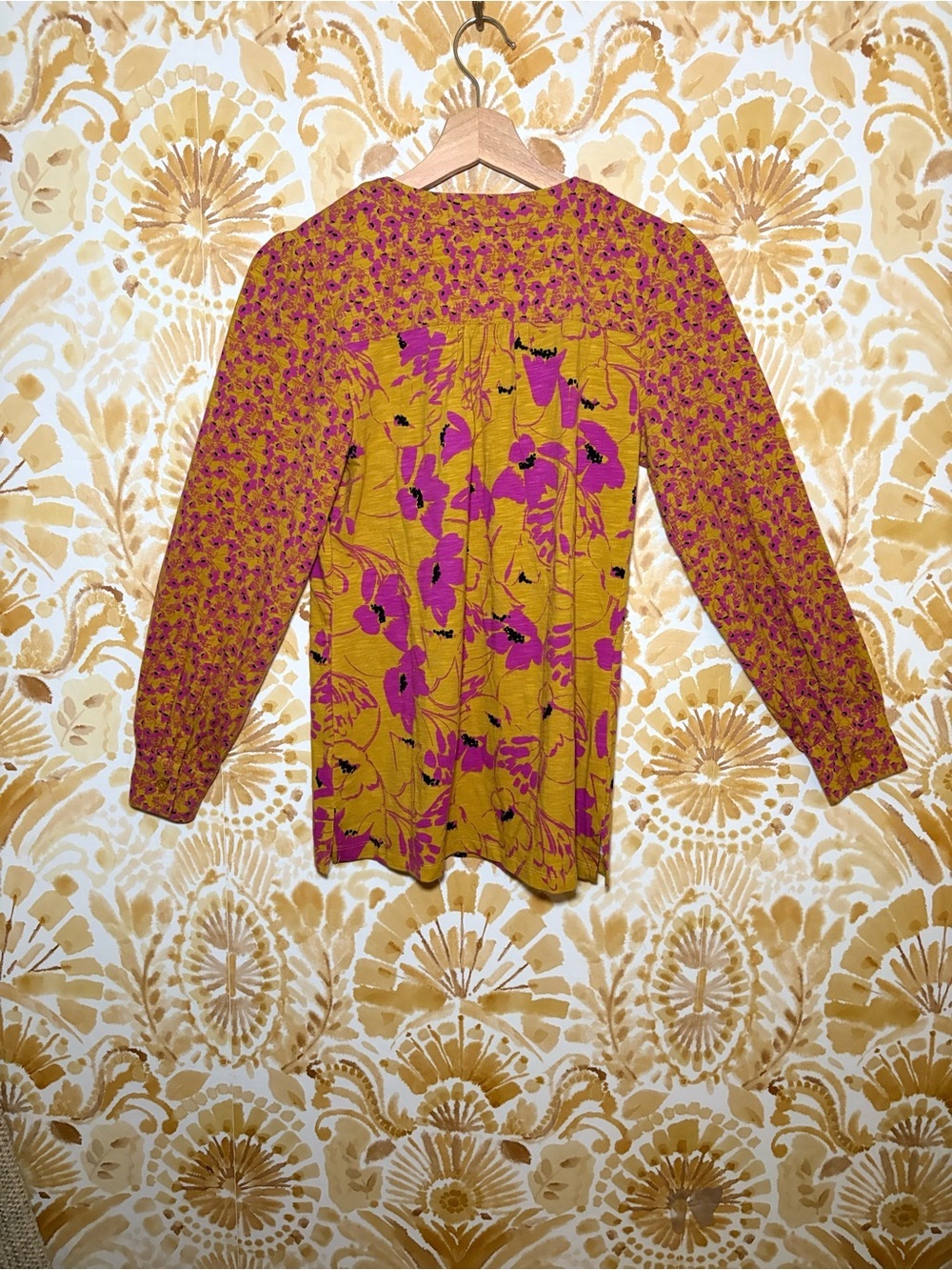 Belle by Kim Gravel Mustard & Magenta Floral Boho Blouse | Long Sleeve Split Top - Picture 5 of 10